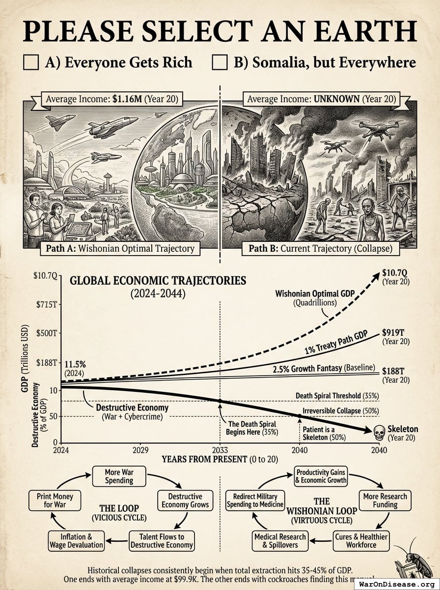 Two GDP paths: redirect the murder budget and average income hits $99.9K, or don’t and the cockroaches find this manual.
